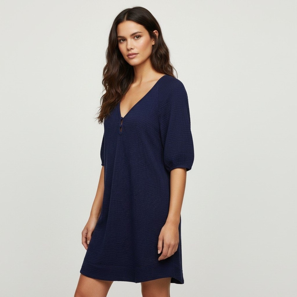 Anthropologie Navy Blue Double Gauze Cotton V-Neck Tunic Shift Dress Size XS